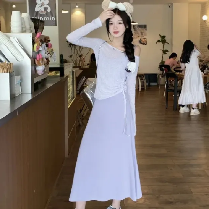 绝美紫色吊带长款辣妹收腰连衣裙套装薄款漏肩防晒罩衫两件套女款