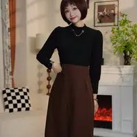 L566【无胸前配饰】春季时尚气质半高领领拼接假两件连衣裙AT