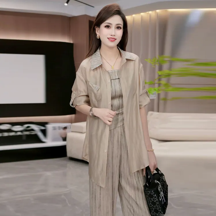 时尚气质简约套装女2025年夏季新款宽松吊带衬衫百搭阔腿裤三件套