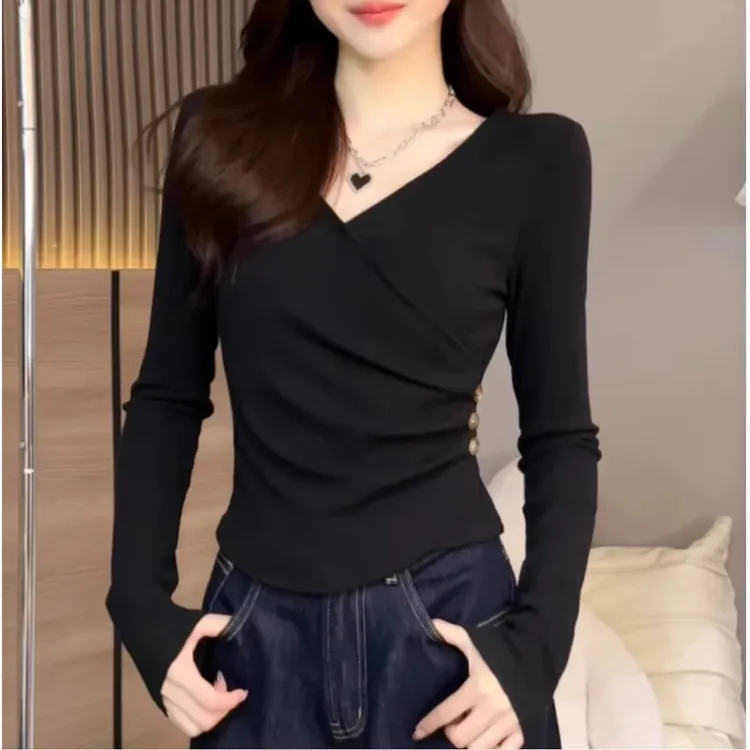 螺纹时尚V领长袖t恤女2025新款秋冬弹力修身洋气内搭打底衫上衣薄