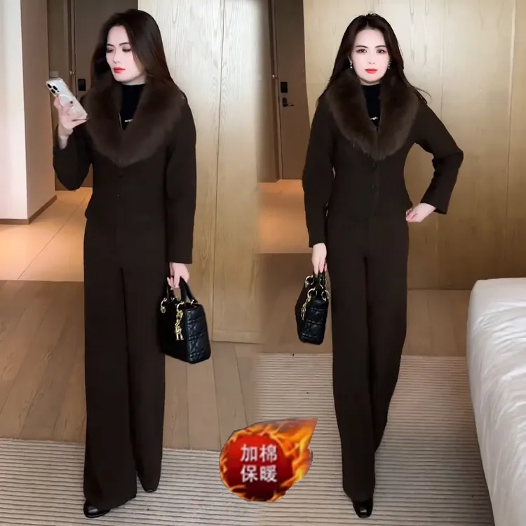 时尚套装女2025秋冬新款加棉加厚可拆卸毛领短外套阔腿裤两件套潮