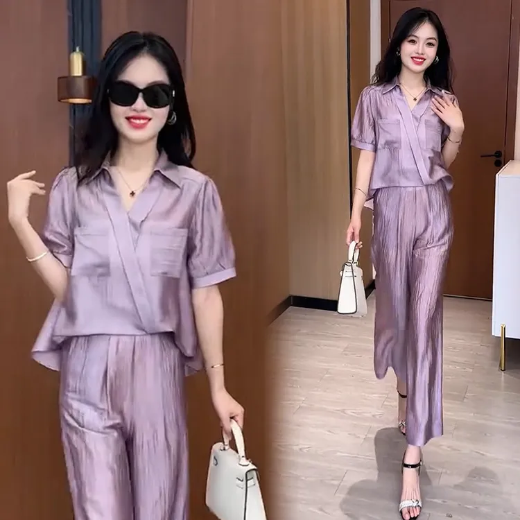 时尚套装女夏季新款洋气显瘦设计感百搭休闲短袖上衣阔腿裤潮