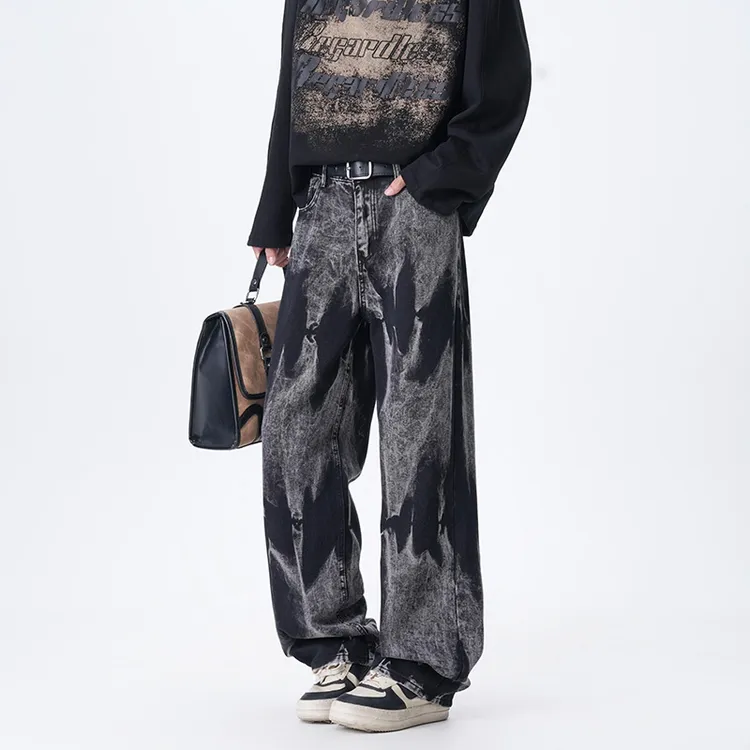 美式高街扎染牛仔裤男款夏季潮牌痞帅炸街裤子vibe修身直筒微喇裤