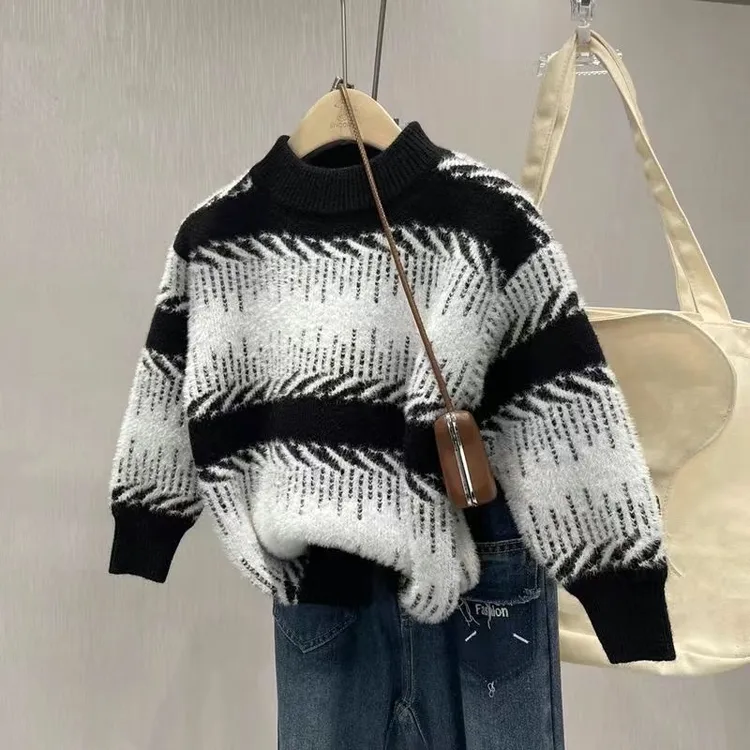 男女中大童加厚水貂绒毛衣新款秋冬针织衫套头洋气百搭不起球儿童