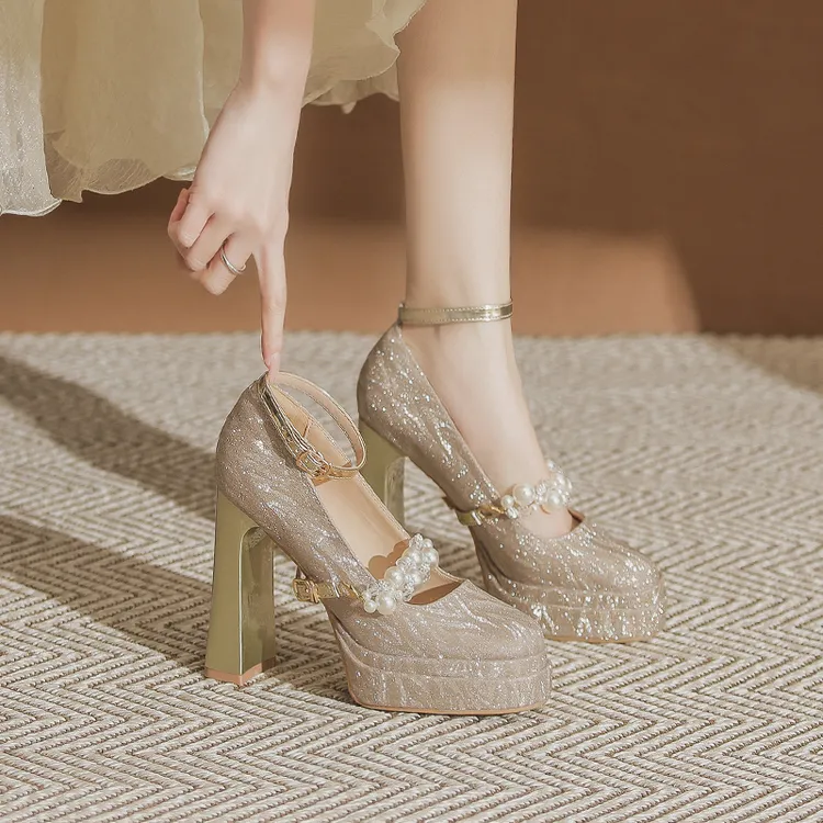 双层防水台水晶鞋婚鞋新娘鞋超高跟一字扣粗跟玛丽珍高跟鞋女12cm