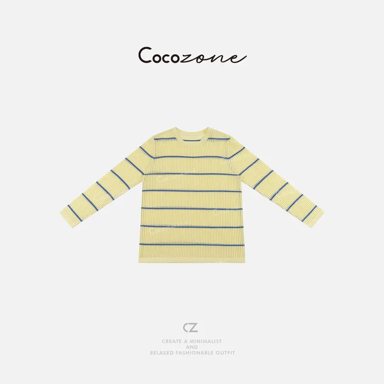 COCO ZONE 刘一一 春季条纹撞色镂空圆领长袖针织衫CD2A0431