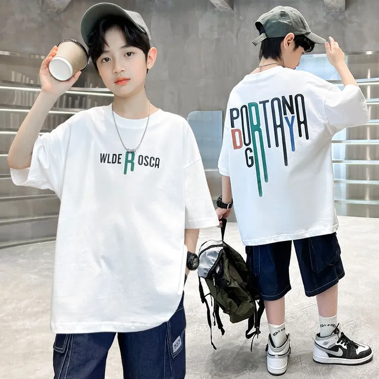 儿童潮酷运动宽松版中大童男童短袖t恤夏季纯棉圆领休闲百搭上衣