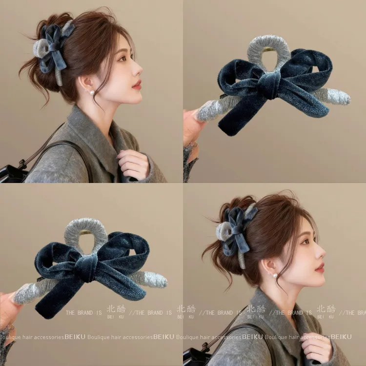 静谧蓝~头发抓夹女丝绒蝴蝶结鲨鱼夹大号盘发夹秋冬发饰2025新款