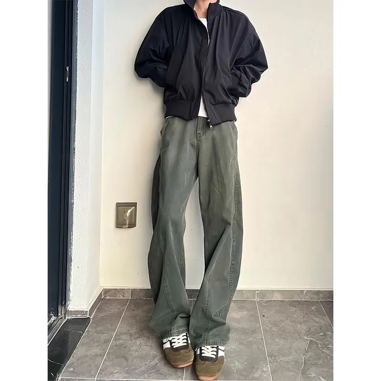 军绿色解构弯刀工装裤男款秋冬季美式复古裤子cleanfit微喇牛仔裤