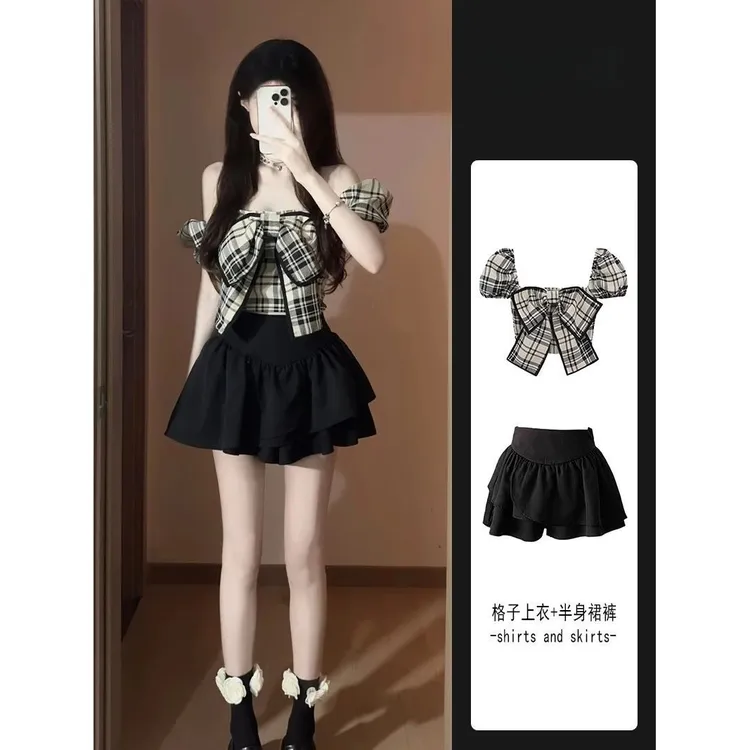 网红纯欲套装女夏季时尚洋气辣妹蝴蝶结衬衫炸街小个子短裙套装女