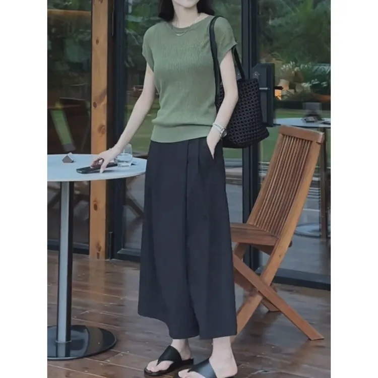 夏装搭配一整套装时尚洋气镂空设计感短袖t恤女高腰休闲阔腿裤裙