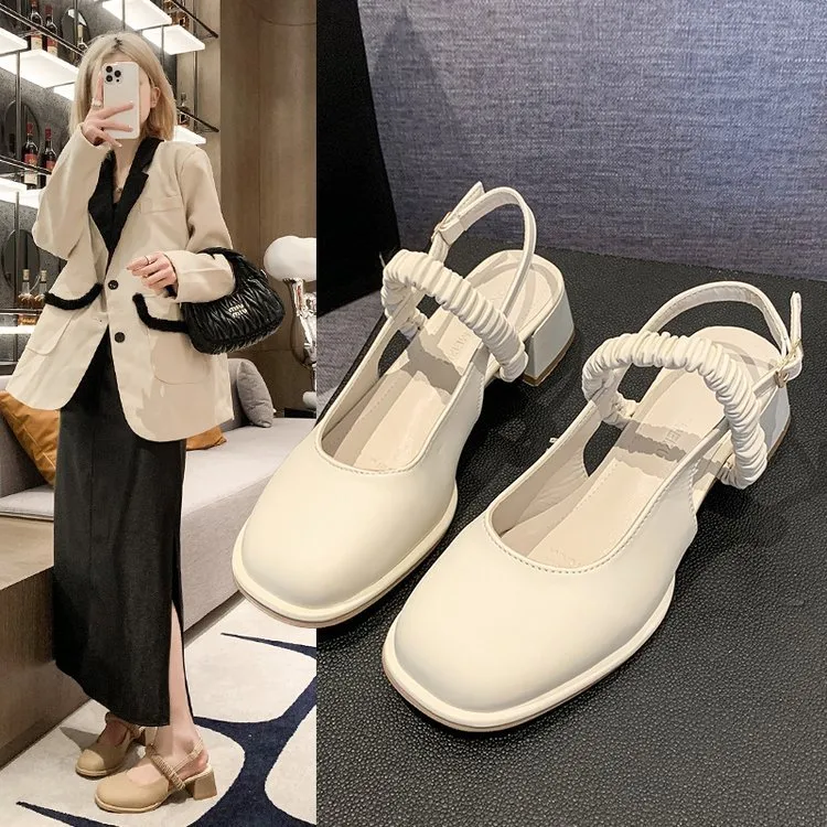 法式方头粗跟凉鞋女2025春季新款欧美一字搭扣圆头晚晚复古包头鞋