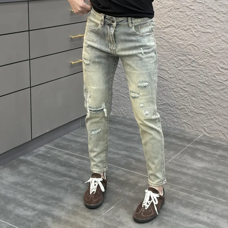 2025春季新款时尚休闲百搭假破洞复古男士牛仔裤XZ03