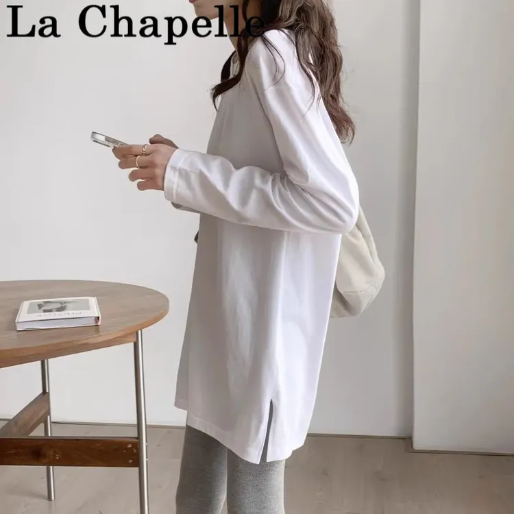 La Chapelle/拉夏贝尔长款上衣遮臀开叉打底衫白色长袖T恤内搭