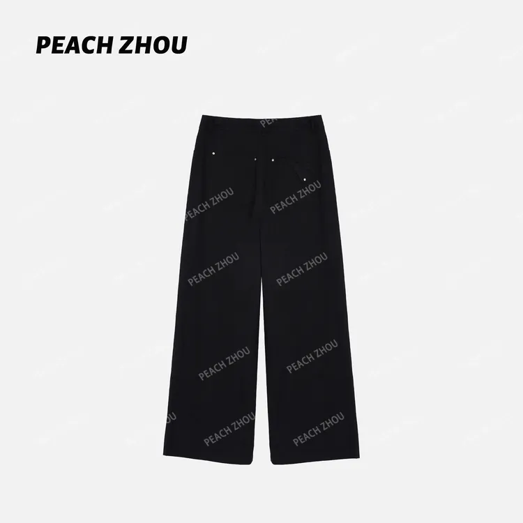 『PEACHZHOU』不规则后口袋薄棉布宽松直筒休闲裤简约通勤阔腿长裤