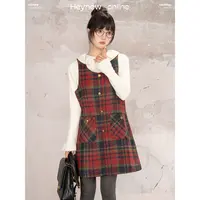 【HEYNEW黑妞】红色撞色格纹U型领韩系女秋冬圣诞背心中长裙3D1126