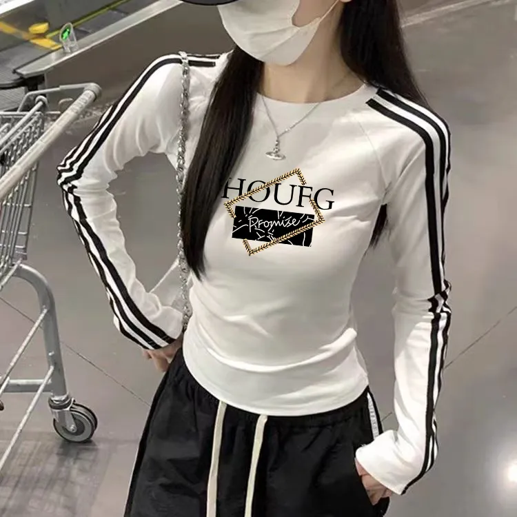 早秋新款秋冬美式辣妹插肩袖打底上衣女杠条圆领修身内搭长袖T恤