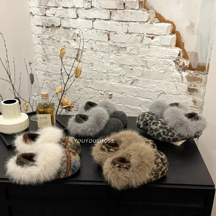 6cm~增高豹纹大头毛毛棉鞋女外穿2025冬季加绒保暖懒人一脚蹬棉鞋