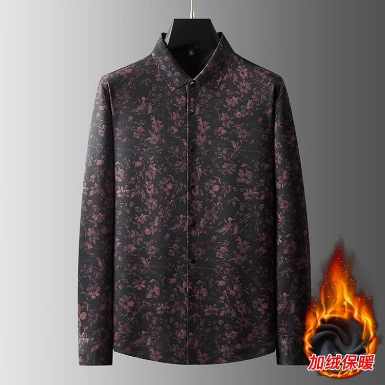 男士加绒保暖秋冬时尚百搭大码冬季长袖商务休闲花衬衫立体剪裁FP