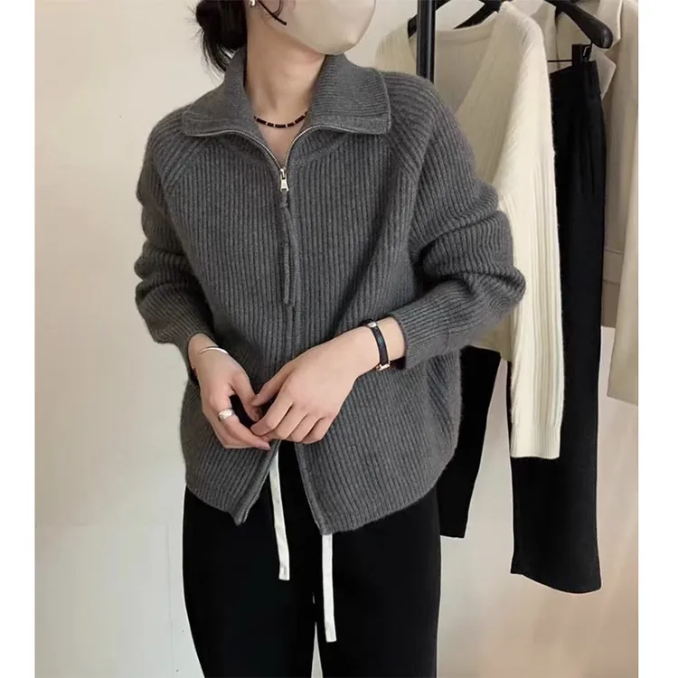 DUCURNO加厚双拉链毛衣外套女冬季2025新款韩系慵懒风宽松设计感