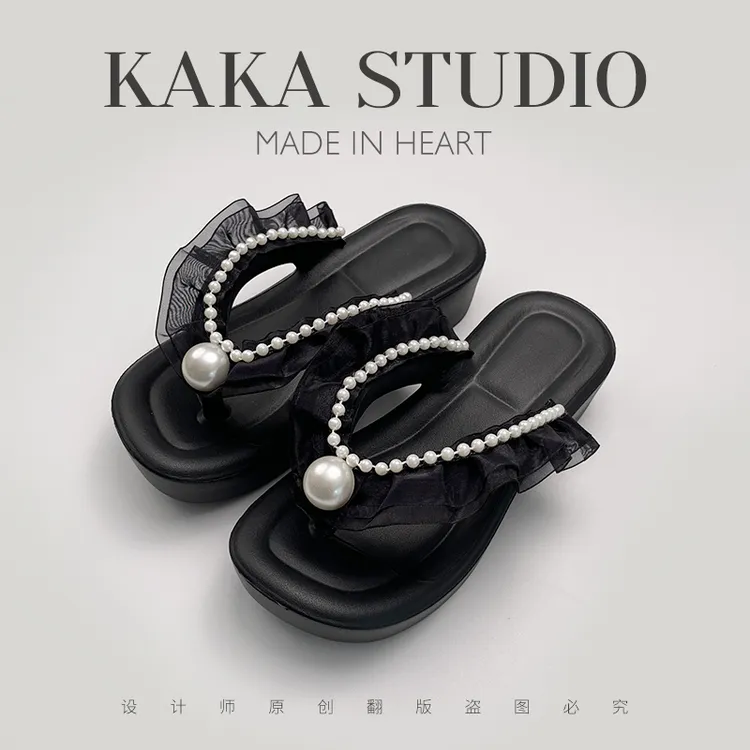 设计师款珍珠花边eva人字拖鞋夏季踩屎感沙滩度假夹脚女士凉拖