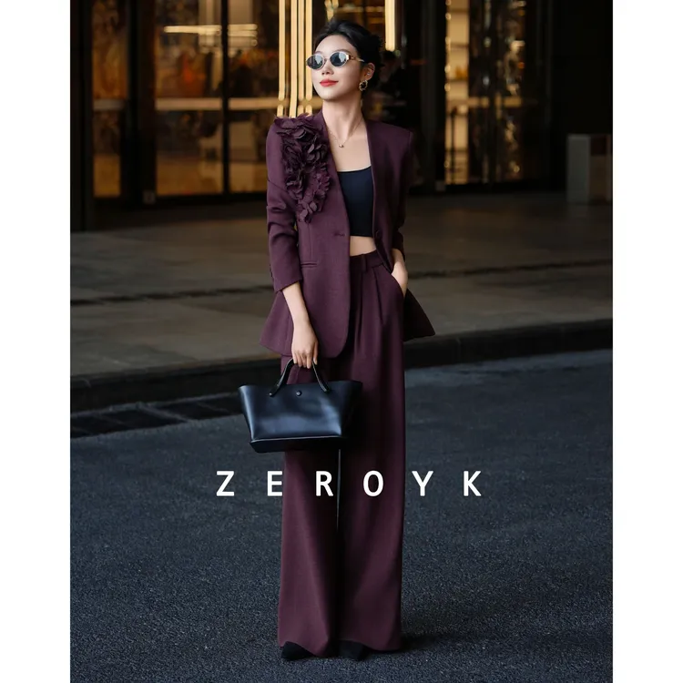 ZEROYK翎蔻 高端定制职业装设计感立体花朵收腰西服直筒裤两件套