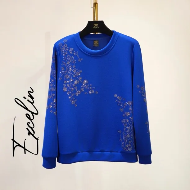 【克莱因蓝矿银梅花圆领卫衣】高档舒适正肩显瘦减龄洋气休闲上衣