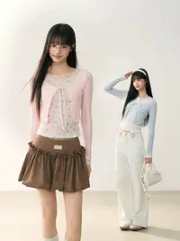 【现货6917】韩系甜美碎花修身显瘦假两件上衣针织开衫女秋季新款