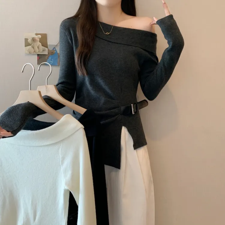 2025秋冬不规则斜领针织衫收腰显瘦露肩洋气百搭设计感小众上衣女