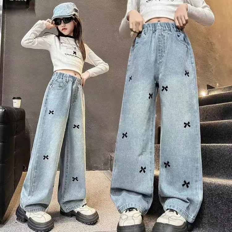韩版女童洋气童装2025秋季新款儿童蝴蝶结牛仔裤百搭直筒裤阔腿