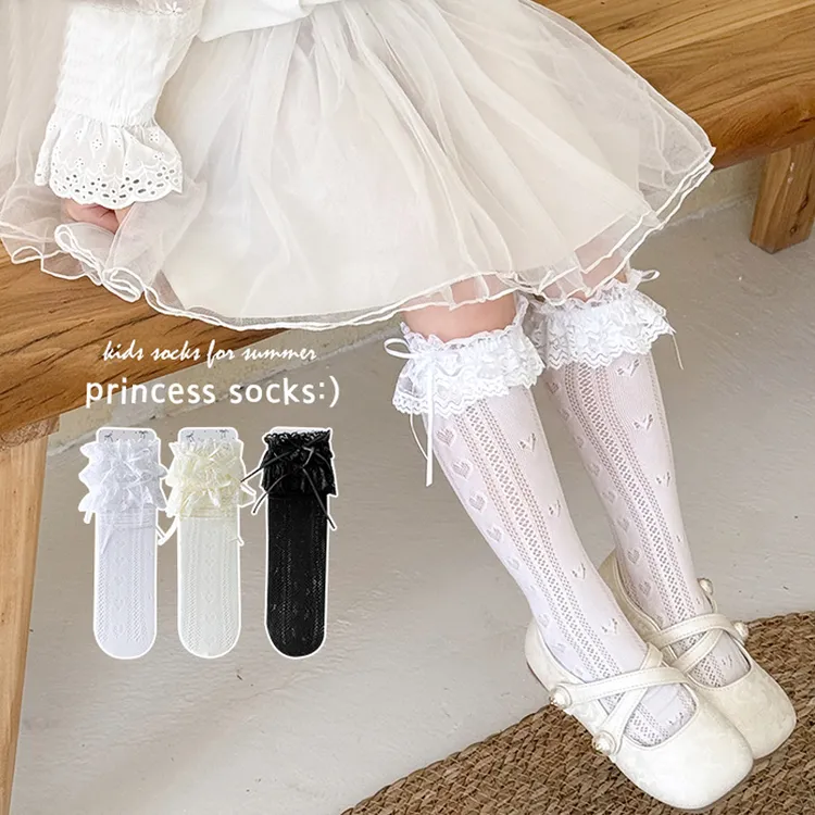 女童小腿袜夏季薄款儿童韩版蕾丝花边蝴蝶结公主袜夏天网眼长筒袜