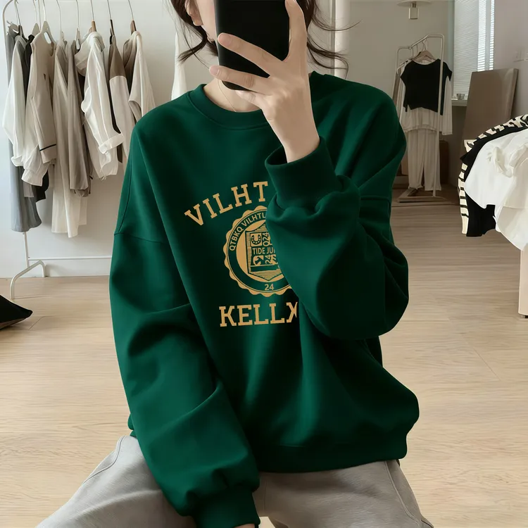 洋气减龄字母印花宽松圆领卫衣春秋款女大码胖mm显瘦长袖上衣女装