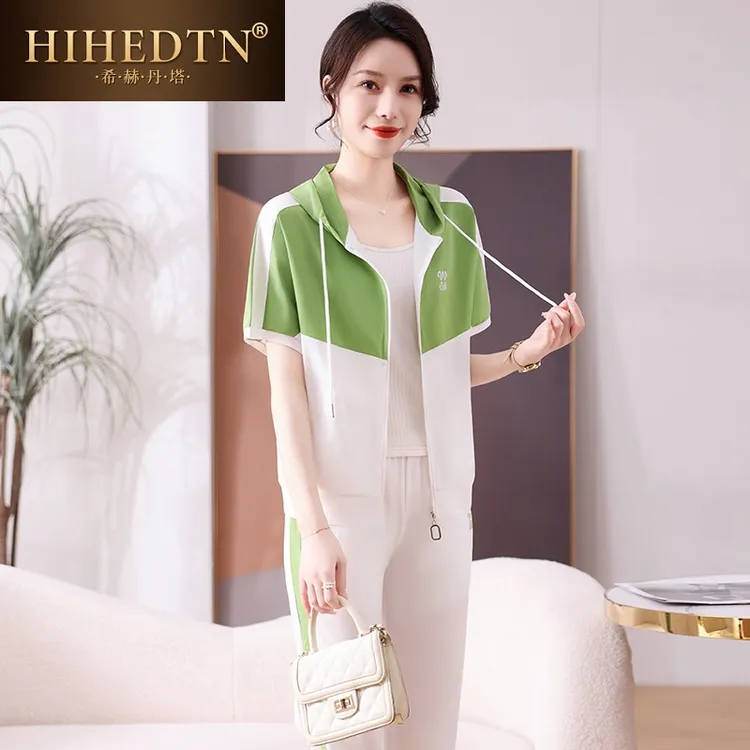 运动套装女夏季洋气时尚短款拉链开衫连帽短袖薄款春秋裤两件套