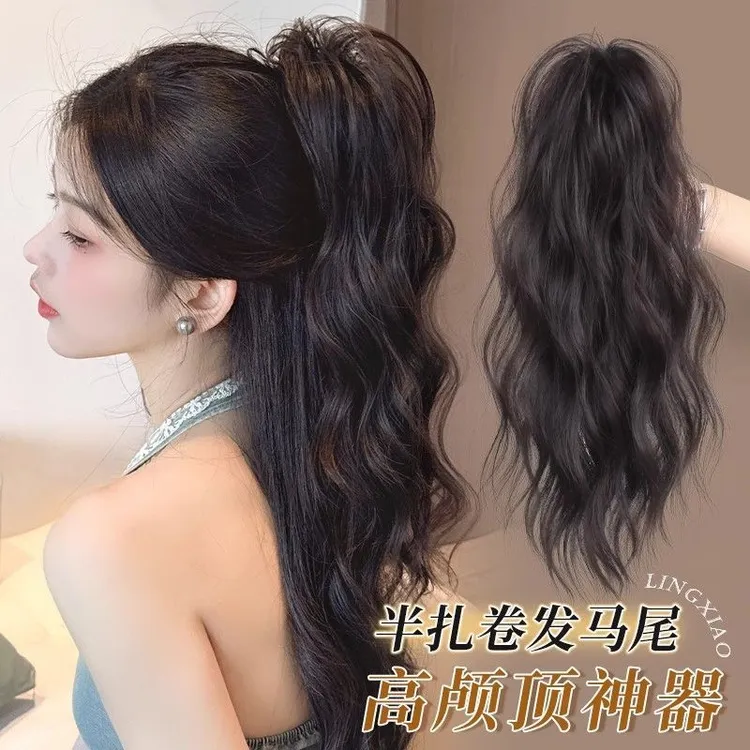 瀑布半扎抓夹高马尾假发女辣妹卷发蓬松高颅顶增发神器网红长辫子