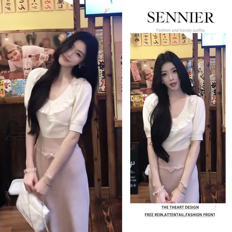 早春温柔系穿搭女2026新款法式花边针织短袖上衣气质半身裙两件套