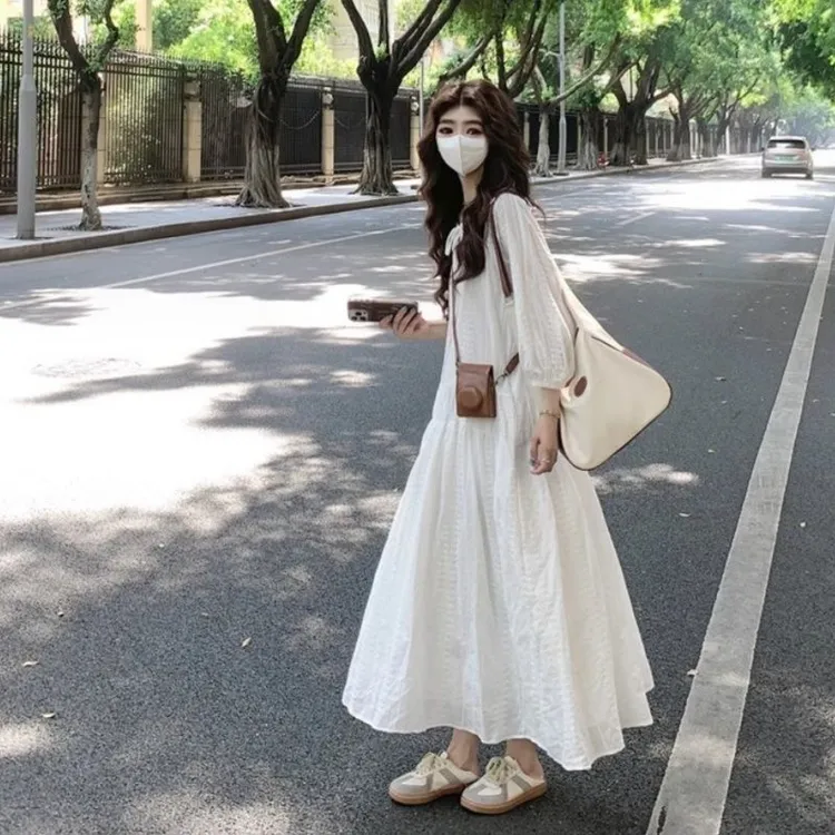 樱鲜【白月光】小白裙~浪漫法式度假风系带长裙肌理感连衣裙