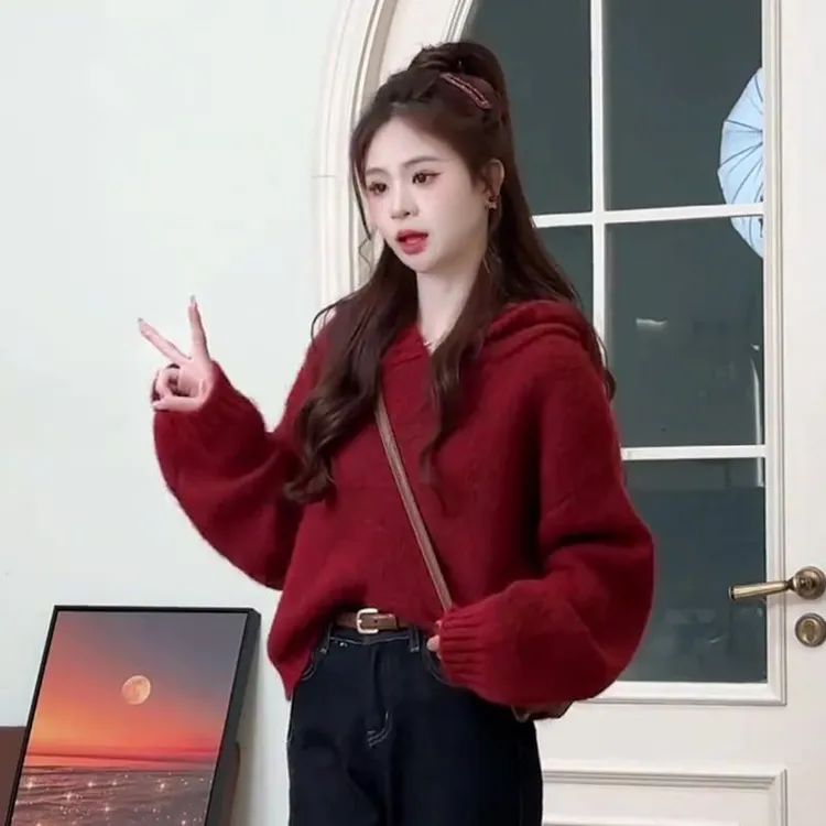 安可拉红连帽套头毛衣秋冬款外穿气质网红遮肚百搭潮流时尚针织衫