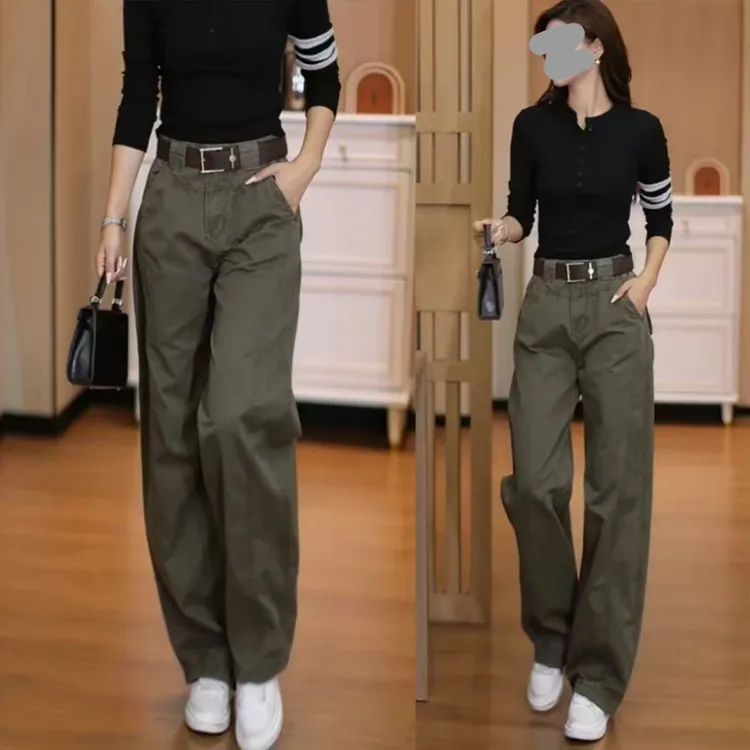 欧货高级感军绿色工装阔腿裤女2026春秋季新款复古弯刀裤休闲裤子
