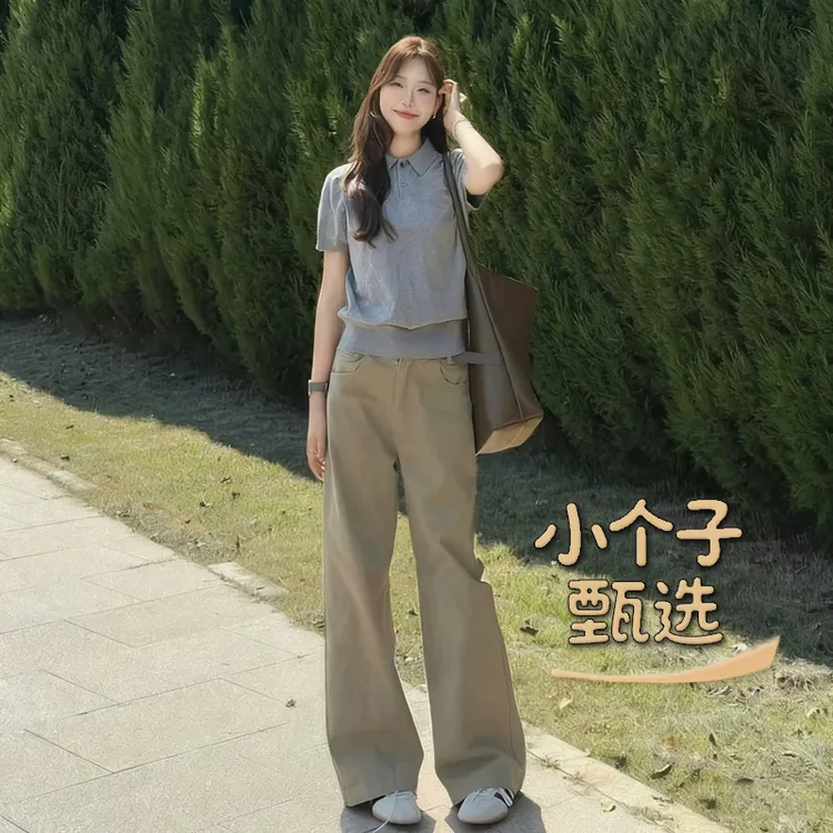 小个子甄选卡其色窄版阔腿牛仔裤子秋季新款老钱风松弛感女装贵气