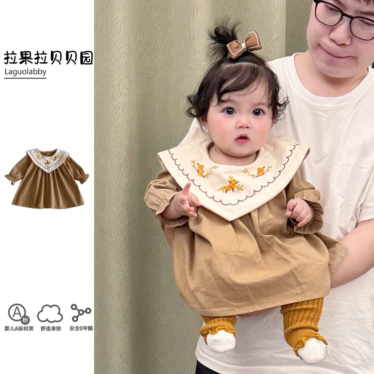 女宝宝连衣裙秋装2025新款女童洋气小裙子泡泡袖翻领刺绣周岁礼服