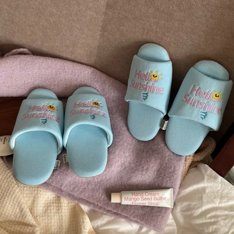 天空蓝小彩拖~！日式静音布底拖鞋女软底可机洗木地板居家四季棉拖