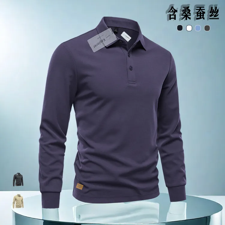 春秋季国潮翻领男士polo衫长袖高级感痞帅休闲桑蚕丝修身百搭t恤