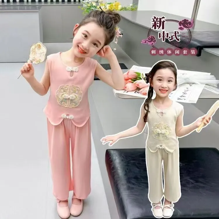 女童夏装中式洋气套装2025女孩夏天爆款中国风长裤无袖背心两件套