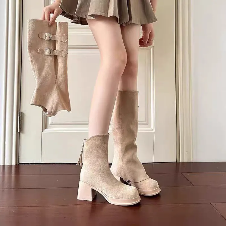 啄木鸟管靴2025秋冬厚底粗跟高跟高筒堆堆靴两穿短筒靴可拆卸长靴