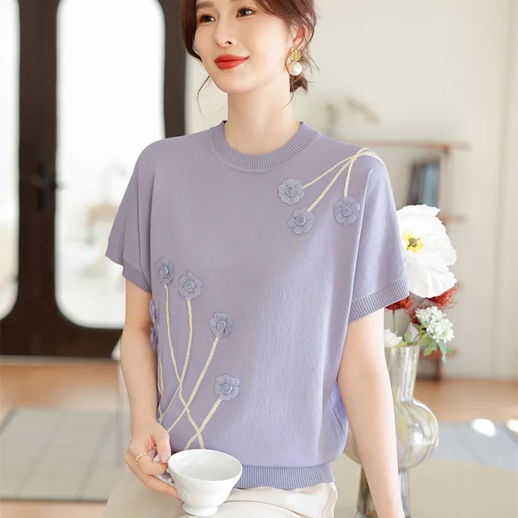 2025妈妈夏装新款洋气短袖T恤40岁50中老年女薄款冰丝针织小衫