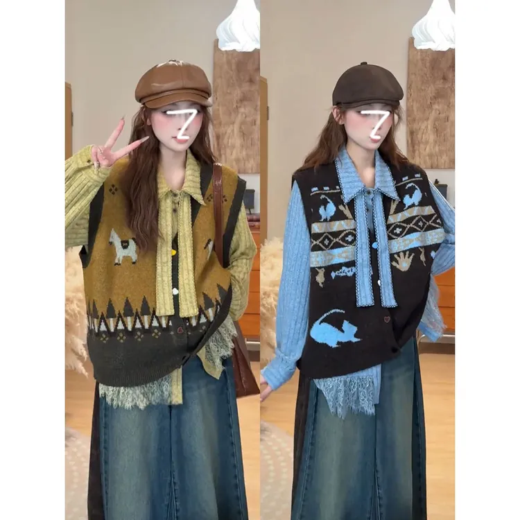 复古学院风卡通刺绣V领针织马甲叠穿蕾丝衫女秋冬显瘦减龄两件套