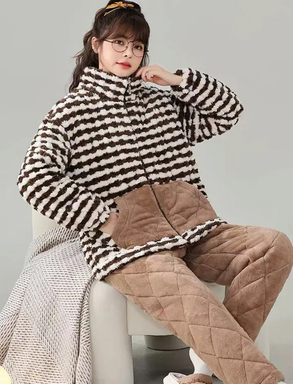 【7号链接-四】2025新款珊瑚绒加厚冬季三层夹棉女士家居服套装