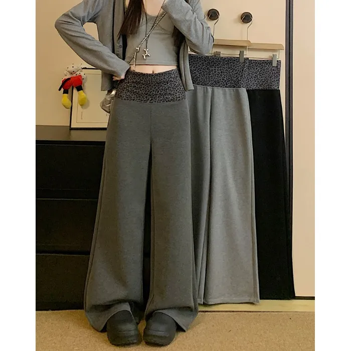 豹纹拼接高腰休闲裤女秋季灰色垂感显瘦直筒裤子宽松阔腿拖地长裤