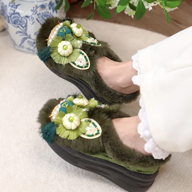 厚底棉鞋【墨玉生烟】手工虎头鞋女成人中式墨绿色老北京布鞋绣花冬