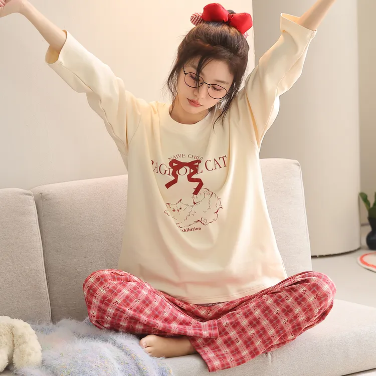 卡之恋睡衣女春秋季新款长袖纯棉蝴蝶结洋气可外穿居服